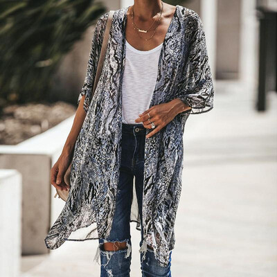 

New Women Chiffon Cardigan Snake Skin Print 34 Sleeve Loose Kimono Outerwear Beach Cover Up Black