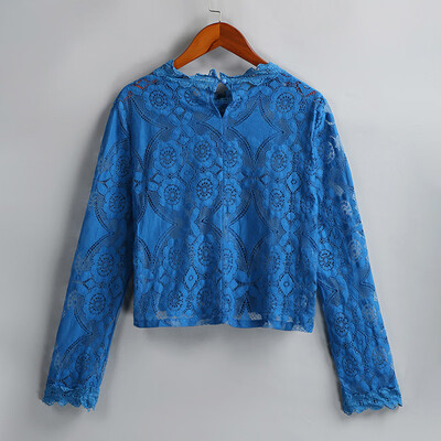 

Women Cover Up See Through Floral Lace Hollow Out High Neckline Long Sleeve Sexy Beach Blouse