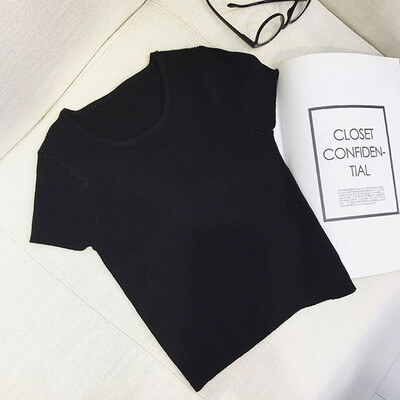 

Womens O Neck Solid Short Sleeve Knitted Crop Top
