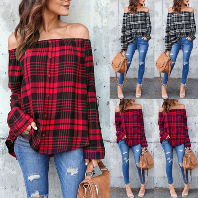 

Women Long Sleeve Off-The-Shoulder Casual Blouse Shirt Plaid Check Autumn Top