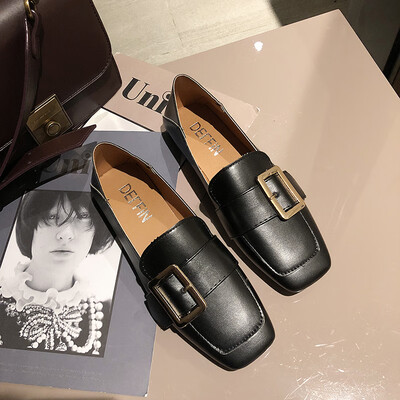 

British academic style small leather shoes women 2019 spring new square flat loafers Joker lazy Doug shoes