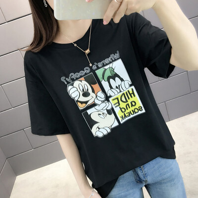 

Womens Casual Round Neck Cartoon Print Short Sleeve Loose Pullover T-Shirt Plus Size Summer