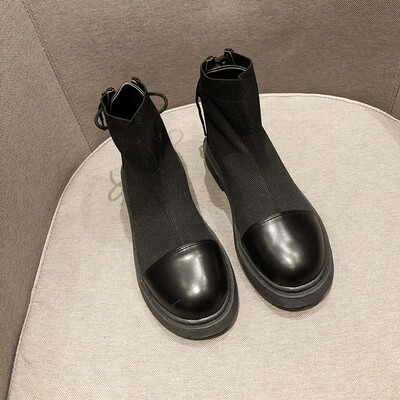 

Slim Boots Female Autumn Korean Version Baitao Round Head Short Barrel Elastic Boots Black Tie Shoe Female Flat Bottom