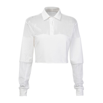 

Women Sexy Crop Tops Hollow Long Sleeve Lapel Shirt Mesh Splicing Clubwear Party