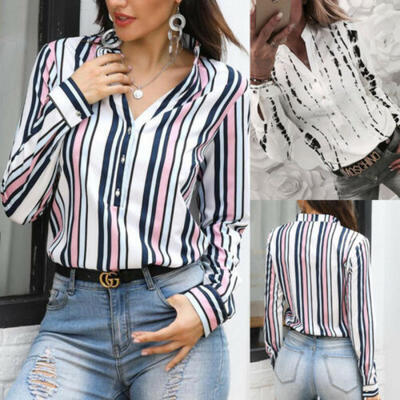 

Women Girl Long Sleeve V-neck Loose Tops T Shirt OL Plain Casual Summer Blouse
