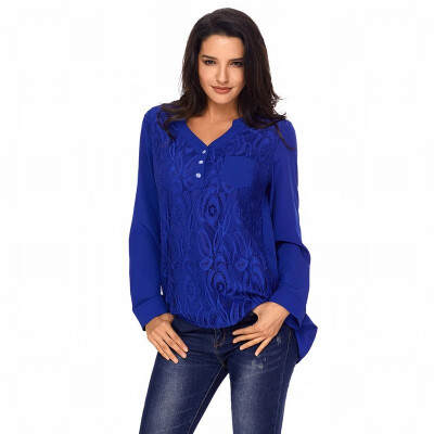 

V-neck button long sleeve lace casual blouse