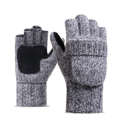 

Men Fleece Knitted Fingerless Mitten Exposed Warm Flip Half Finger Gloves Winter