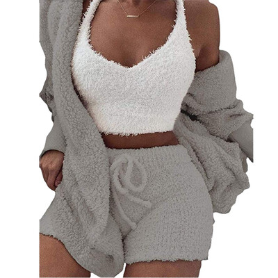 

Fashion Women Cardigan Sweater Plush Hooded Coat Shorts Set Sleepwear 2PCS