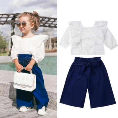 

Toddler Baby Girl Lace Gird T-Shirt TopsLong Wide Leg Pants Kid Outfits Clothes