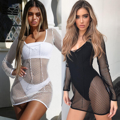 

Sexy Women Bikini Cover Up Fishnet Hollow Out Lace-Up Front Long Sleeve Swimsuit Coverups Beach Mini Dress WhiteBlack