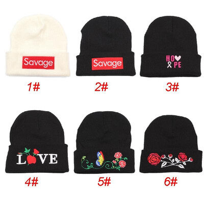 

Women Men Rose Embroidery Savage Beanie Hats Embroidered Flower Knitted Caps Warm Outdoors Skullies Caps