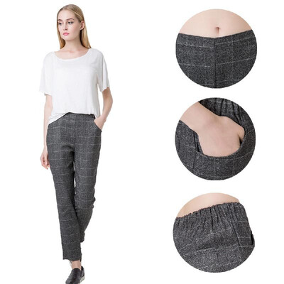 

New Fashion Women Harem Pants Plaid Check Tartan Elastic Waist Pockets Causal Loose Trousers Grey