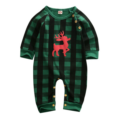 

Newborn Baby Boy Girl Xmas Deer Plaid Jumpsuit Bodysuit Winter Cotton Clothes