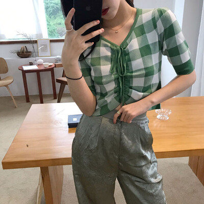 

Ladies Summer Vintage Pleated Drawstring Collar Exposure Belly Contrast Plaid Short Sleeve Sweater Top