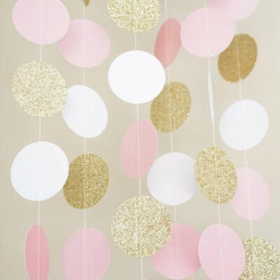 

Pink White&Gold Glitter Circle Polka Dots Paper Garland Banner 10 FT Banner