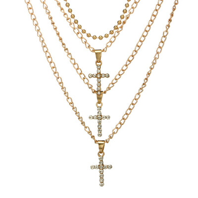 

1Pc Bohemia Jewelry GoldSilver Color Multi Layer Choker Necklaces for Women Fashion Cross Pendant Vintage Long Crystal Necklace