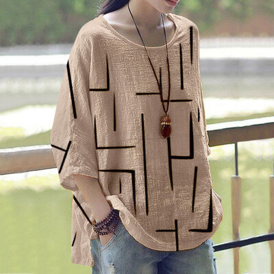 

Starmoon Women Summer Casual Round Neck Print Loose Daily Blouse Beach Shirt Tops