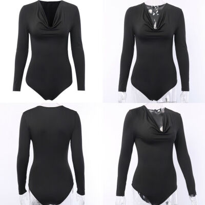 

Womens Lady Long Sleeve Bodysuit V Neck Tops Slim Fit Leotard Jumpsuit Bodycon