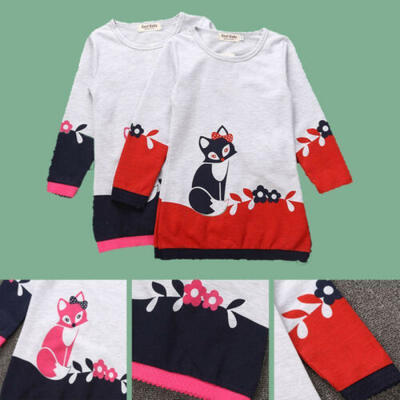 

3-7Y Kid Girl Long Sleeve Sweatshirt Top Dress Fox Print Autumn Clothes Party