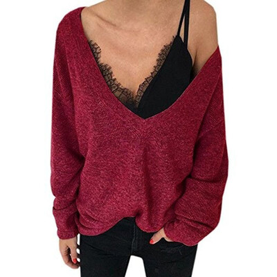 

Nomeni Womens Knitted Deep V-Neck Long Sleeve Wrap Front Loose Sweater Pullover Jumper