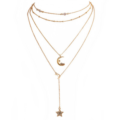 

HuaTang Fashion Romantic Multi Layer Pendants Necklace for Women Gold Moon Star Crystal Charm Choker Necklaces Jewelry 5813