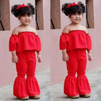 

Toddler Kid Girl Off Shoulder Clothes Bell-Bottom Trousers Casual Summer Outfits