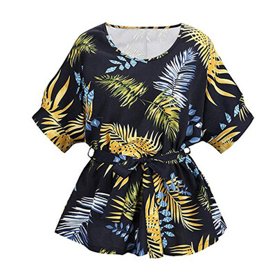 

Starmoon Womens Casual linen Self Tie Short Sleeve Lady Floral Print Blouse Tops T-Shirt