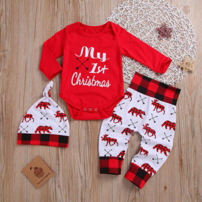 

Lovely Kids Baby Girl Boy My First Christmas Romper Pant Hat Outfits Xmas Set