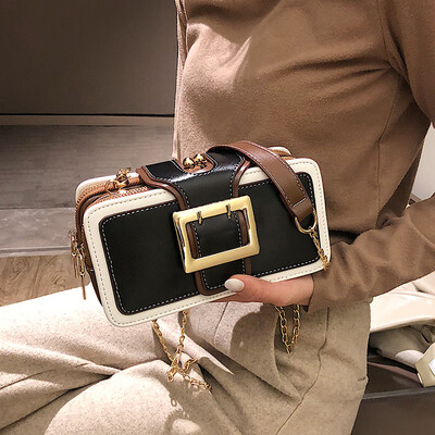 

Qiao Bani 2019 new Korean chic fashion street shoot trend hit color double pull small square bag shoulder diagonal female bag