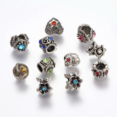 

Alloy Rhinestone European Beads Large Hole Beads Antique Silver Color Size about 612mm long round 45mm in diameter