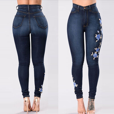 

Tailored Fashion Women Embroidered Button Pocket High Waist Denim Pants Skinny Slim Jeans