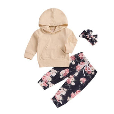 

3PCS Newborn Infant Baby Girl Hoodie Tops CoatFloral Long PantsHeadband Outfit Clothes