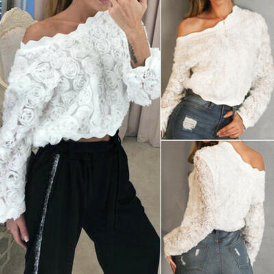 

US Fshion Women Long Sleeve Floral Embellished Ladies Baggy Blouse Tee Shirt Top