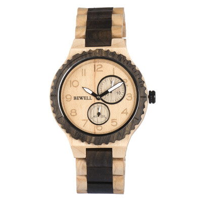 

BEWELL ZS-W154A Men Wood Watch Quartz Movement Stopwatch Date Luminous Vintage Analog Wrist Watch