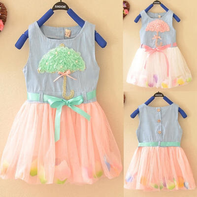 

Cute 3D Umbrella Lace Baby Kid Girls Princess Flow Petals Denim Tulle Dress 1-4Y