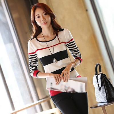 

korean women stripe long sleeves t-shirt knitted pullover spring stretch slim o-neck top bottoming shirt