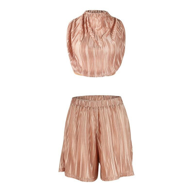 

Women Cropped Top Shorts Set Turtleneck Sleeveless Pleated High Waist Short Pants Two Piece