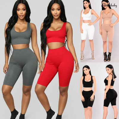 

Womens Two Pieces Outfit Sexy Sleeveless Crop Tank Top Bodycon Shorts Pant Sets