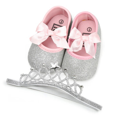 

Baby Girl Sequins Bowknot Shoes1PC Hairband Toddler First Walkers Kid Shoes