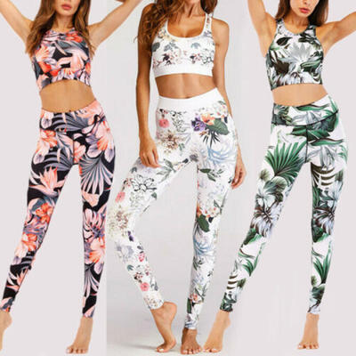 

2Pcs Women Sport Gym Yoga Vest Crop Top Leggings Stretch Pants Outwear Tracksuit