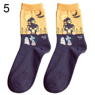 

Halloween Party Haunted House Print Women Breathable Cotton Middle Tube Socks