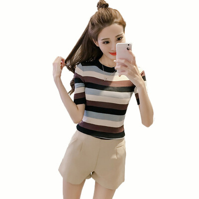 

Womens Casual O Neck T Shirt Striped Short Sleeve T-Shirt Slim Knitted Tee Tops Ladies t shirt