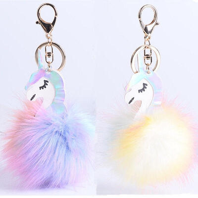 

Cute Fluffy Unicorn Pompom Fur Car Key Chain Bag Car Pendant Keyring Gracious