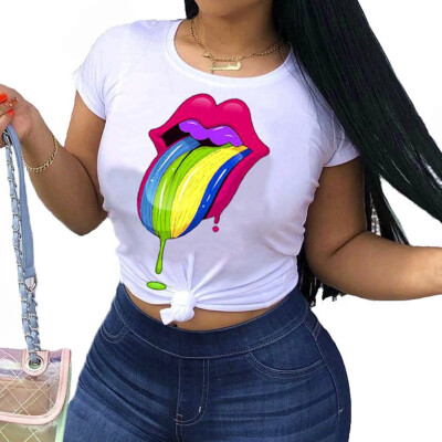 

Women Fashion Summer Short Sleeve Lip Printing T Shirt Casual O Neck Multicolor Printed Tee Shirt Tops