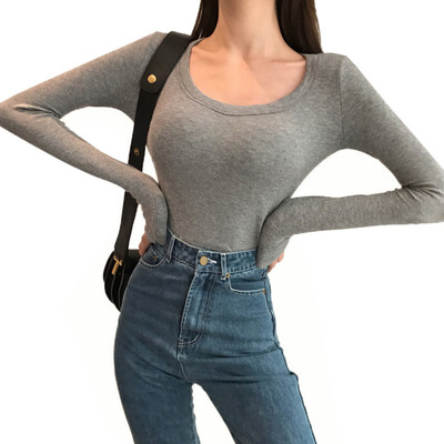 

Sexy U Neck Low chest T shirt Long Sleeve Slim Basic T-Shirt For women Wild Solid color Tee top spring top