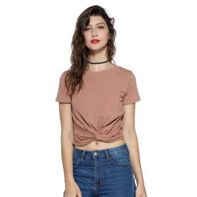 

Round Neck Cross Knot Exposed Navel Short Sleeve Tops Summer Womens Fold Design Short-sleeved T-shirt