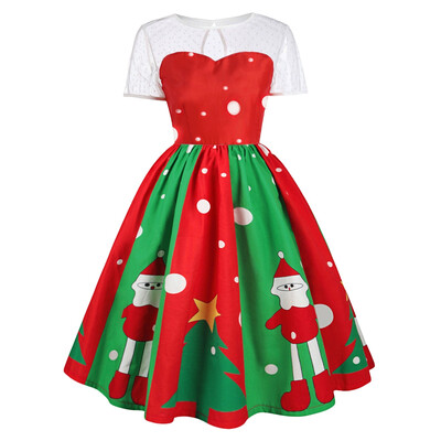 

Christmas Plus Size Print Lace Panel Midi Dress