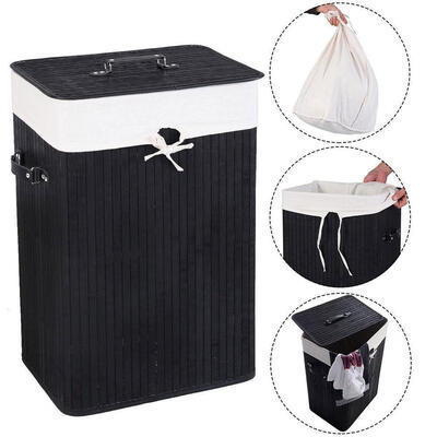 

Rectangle Bamboo Hamper Laundry Basket Washing Cloth Bin Rangier Lid Black
