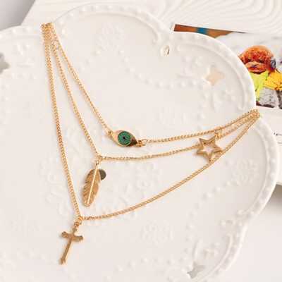 

Fashionable Necklace With Eye Leaves Multi-layer Cross Collarbone Chain Jewelry