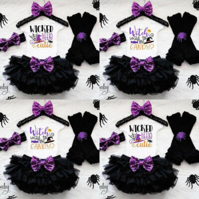 

4PCS Newborn Halloween Baby Girl RomperTutu Skirt DressLeg Warmer Outfit Set